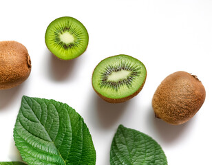 Fototapeta premium kiwi and green leaves, either whole or halved, isolated on a white background