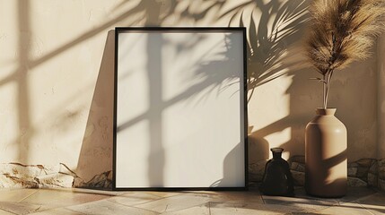 Black frame mockup with pampas grass in warm sunlight. Boho decor poster photoframe template advertising image. Cozy ambiance. Dried florals pictureframe mock up product photorealistic