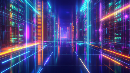 3D rendering of a neon-glowing futuristic city street with digital holograms 