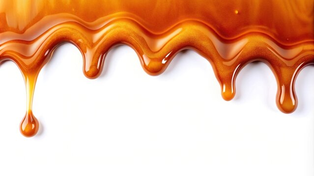 Smooth melted caramel sauce or maple syrup dripping isolated on white background
