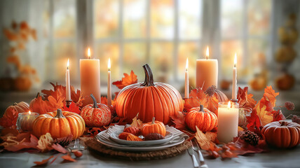 Charming Autumn Table Decor Highlighting Pumpkins and Candles for Thanksgiving