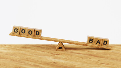 3D good over bad on balance scales. Different choices, accept or decline, comparison or suggestion concept