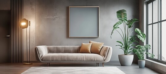Modern living room interior with concrete wall, stylish beige sofa, and tropical plant.