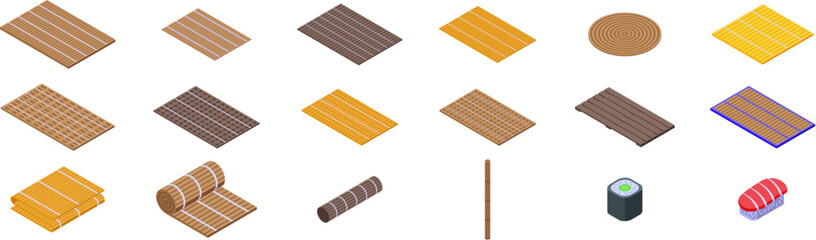 Bamboo mat icons set. Different types of bamboo mats used in japanese cuisine, for rolling sushi and serving food
