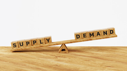 High supply and low demand concept. Business competition, supply chain, market situation, world economic, cost and retail, 3D supply vs demand on balance scale