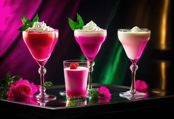 delicious creamy milk cocktails displayed colorful vibrant glassware elegant drinking experience, beverage, coffee, liqueur, shake, liquid, dessert