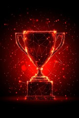 Red Hot Champion Trophy Glowing Award On Abstract Particles Background, Victory Concept