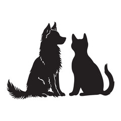 Dog and Cat silhouette. Friendship between pets, love for pets and caring for them