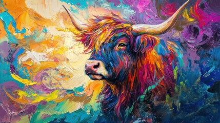 A vibrant, colorful painting of a Highland cow set against an abstract background.