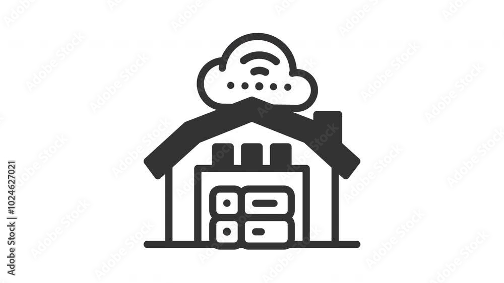 Poster animated data warehouse with cloud, warehouse and server in the background. ideal for engineering, i