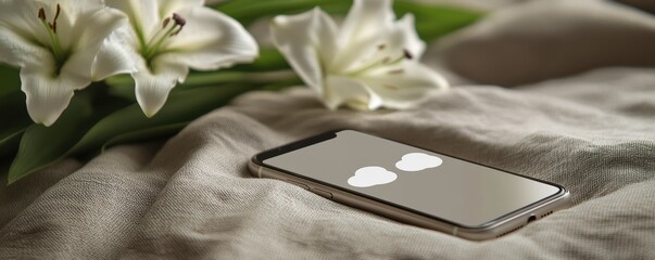 Modern smartphone resting on soft fabric next to elegant white lilies under natural soft light