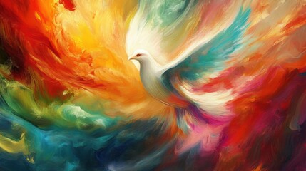 A vibrant, abstract depiction of a white bird soaring amidst a colorful, swirling background.