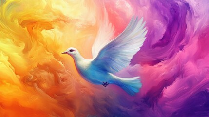 A serene dove soaring through a vibrant, colorful abstract background.