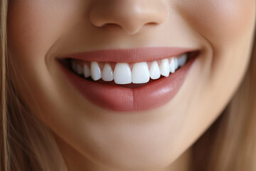 Fototapeta premium Close-up of a woman's smile showing white teeth and glossy lips
