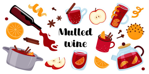 Mulled wine set of elements. Christmas punch in various cups and glasses. Hot red wine with fruit and spice collection.