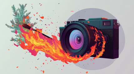 A camera lens engulfed in flames, with a paintbrush and a pine tree emerging from the fire.