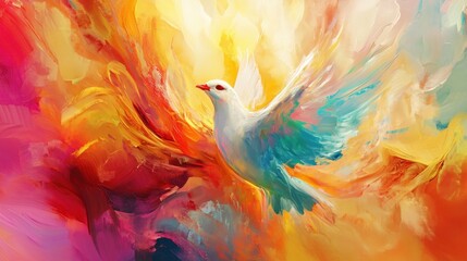 A vibrant, abstract depiction of a dove in a colorful, swirling background.