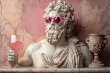 whimsical greek god portrait dionysus with modern twist neon pink sunglasses iridescent wine goblet marble texture pop art influence