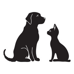 Dog and Cat silhouette. Friendship between pets, love for pets and caring for them