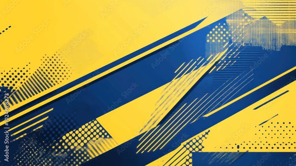 Poster abstract graphic design featuring bold yellow and blue colors with dynamic shapes and textures.