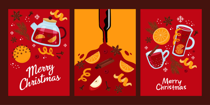Stock vector christmas card set. Mulled wine, orange, spices, bottle of wine on red background.