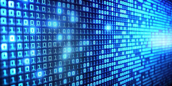 A glowing blue digital matrix with binary code in a grid pattern, creating an abstract and futuristic design.