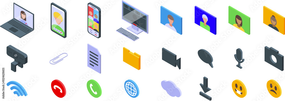 Poster videocall icons set. this set of isometric icons represents various aspects of online communication,