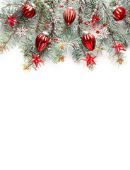Fir branch with Christmas decorations  isolated  on white background. Flat lay.