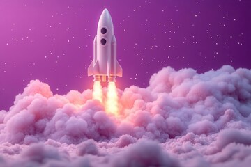 Fototapeta premium whimsical illustration of a laptop and a rocket in a playful purple background merging technology and aspiration symbolizing innovation and the limitless possibilities of creativity