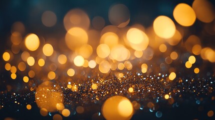 A close-up of shimmering golden bokeh lights on a dark background, creating a festive atmosphere.