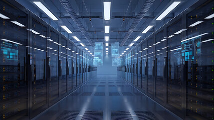Fototapeta premium high-tech data warehouse, featuring rows of modern servers with blinking lights in a vast, secure facility, data center, big data