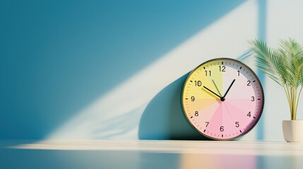 A colorful wall clock placed on a shelf next to a small plant, casting soft shadows in a bright, modern setting.