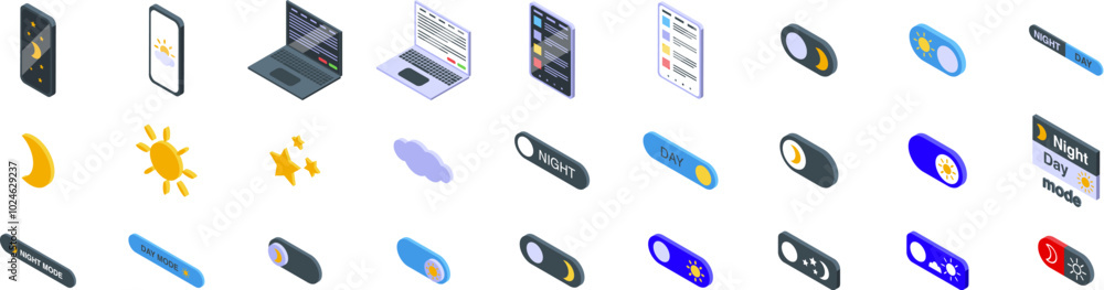 Poster night day mode icons set. set of icons representing day and night mode for user interface in isometr