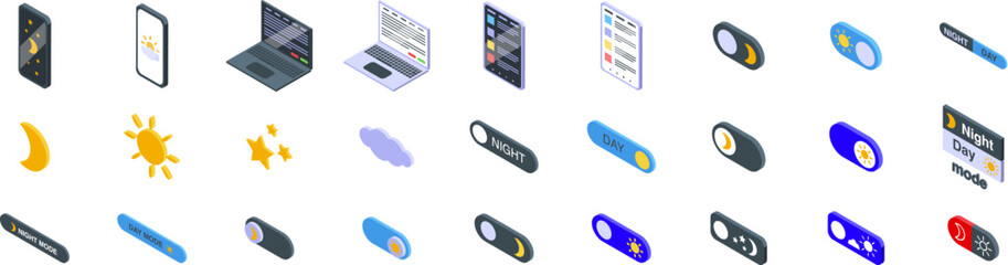 Night day mode icons set. Set of icons representing day and night mode for user interface in isometric view, perfect for your next project