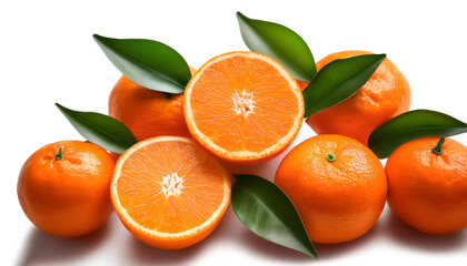 mandarin oranges and green leaves, either whole or halved, isolated on a white background