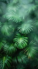 Wall with palm leaves, foggy background, minimalist style, copy space concept. 