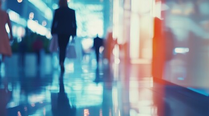 Blurred figures walking in a modern indoor space, reflecting a busy atmosphere.
