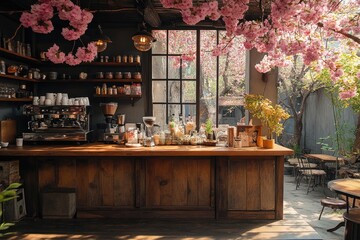 Coffee Shop Interior with a Cherry Blossom View