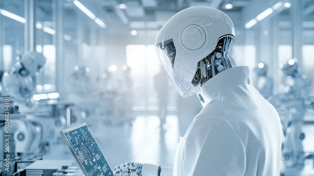 Poster a futuristic robot in a lab environment using advanced technology.