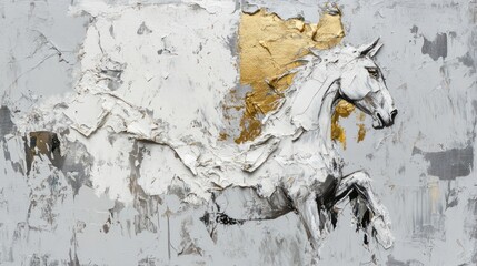 An abstract representation of a horse in motion with gold and white textures.