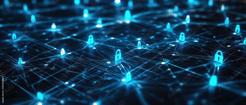 Poster digital network security illustration with glowing blue nodes and padlocks representing secure conne