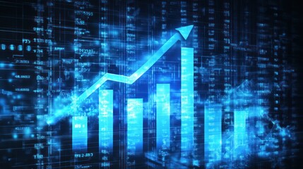 A digital representation of a rising financial graph with blue tones and data elements.
