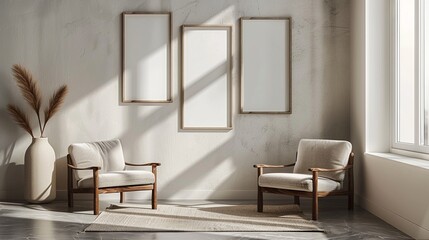 Fototapeta premium Calming lounge with minimalist frames mockup and natural decor. Japandi style photoframes template advertising image. Cozy armchairs pictureframes mock up product photorealistic