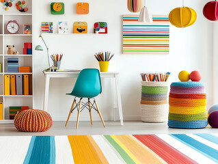 Brightly colored creative workspace with vibrant decor and organized art supplies.