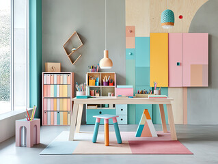 Colorful and modern workspace with playful design elements.