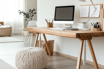 Cozy home office workspace with modern desk, computer, and decorative touches.