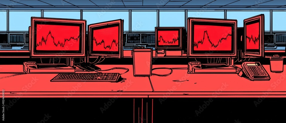 Poster a modern trading desk with multiple screens displaying red market charts, symbolizing volatility in 
