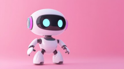 A cute, futuristic robot with glowing eyes against a pink background.