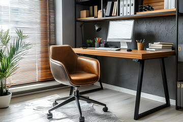 Modern home office setup with wooden desk, ergonomic chair, and indoor plants.