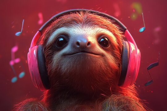 whimsical illustration of laidback sloth donning oversized neoncolored headphones surrounded by musical notes and rainforest foliage exuding carefree tropical vibes